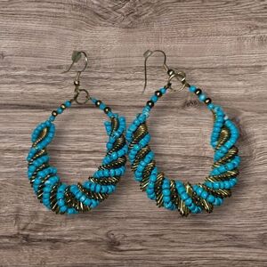 Turquoise and Gold Beaded Hoop Earrings
